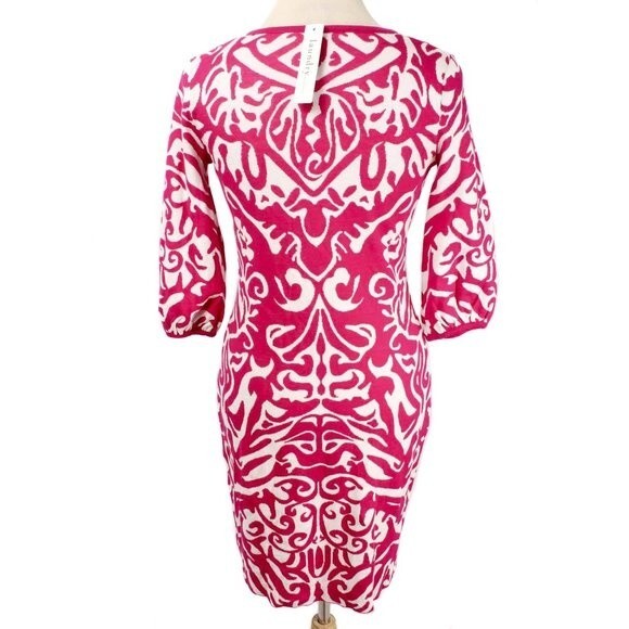 LAUNDRY BY DESIGN Fuchsia & White Filagree Knit Plunging Neckline Dress NWT - Picture 4 of 5